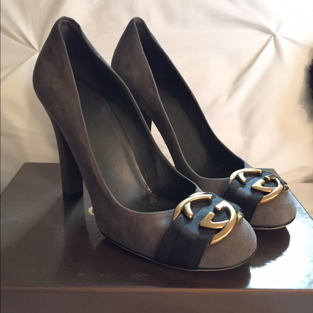 Gucci Gray Suede Heels with Gold Ornament